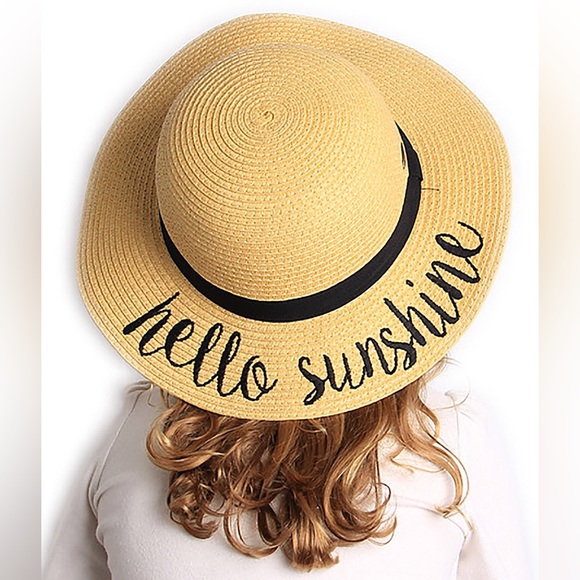 C.C kid’s Weaved  Beach Embroidered Quote Floppy Brim Sun Hat hello sunshine - Picture 2 of 4